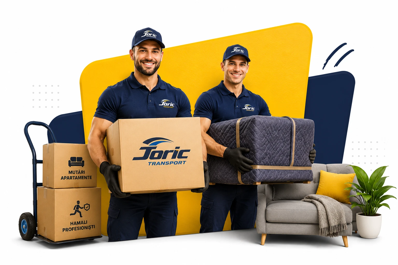 Echipa Joric Transport — hamali în uniformă încărcând cutii și mobilier